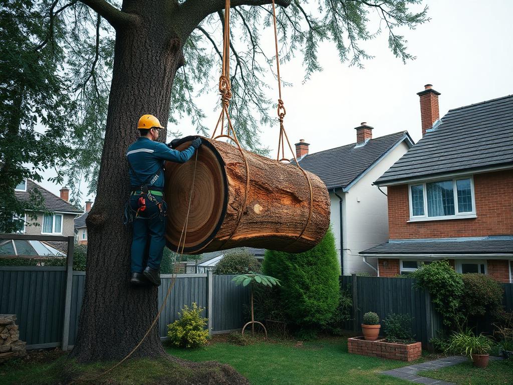 Démontage d'un arbre par cordes au-dessus d'un jardin clos à Montigny-lès-Cormeilles (95)